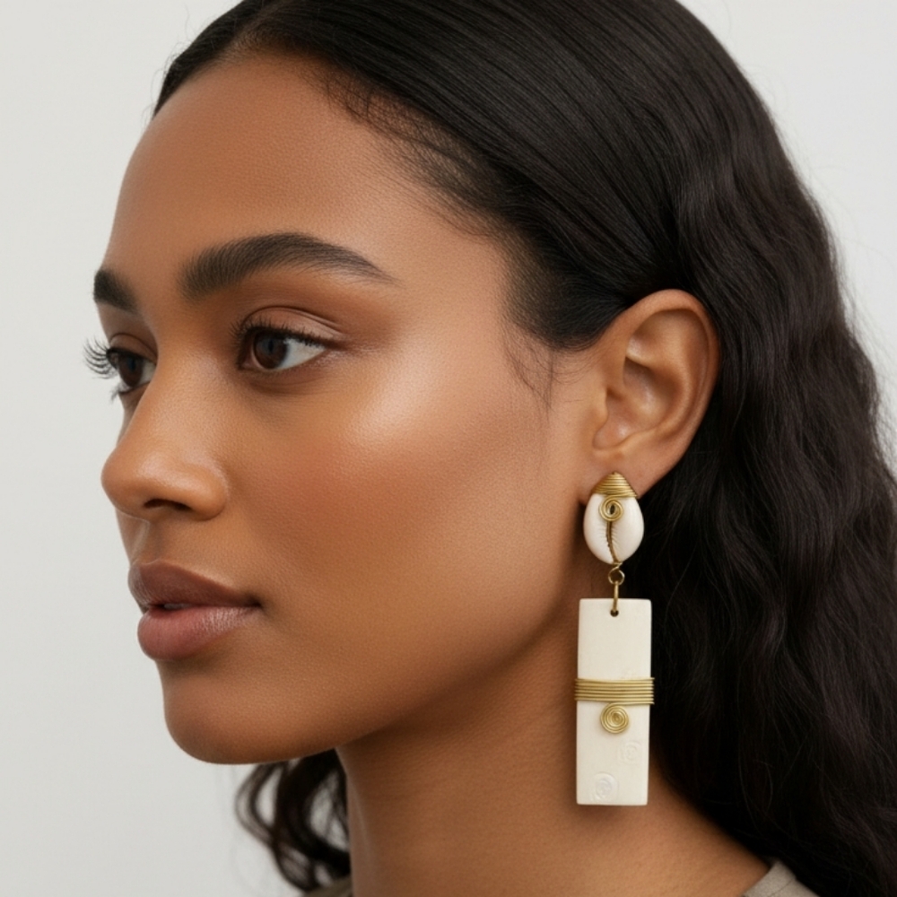 Hand Crafted White and Gold Geometric Earrings